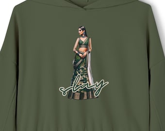 ¡Personaliza en la espalda! Regalos Desi, indio, sur asiático, camuflaje, tema lengha verde camuflaje, este se encuentra con oeste, sudadera con capucha recortada moderna y elegante para ella