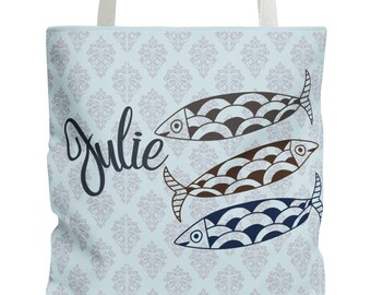 Custom Sardines Print Vintage Coastal Seafaring Vacation Accessory Art Print Canvas Beach Tote Bag Tinned Fish Nautical Style Sardinecore