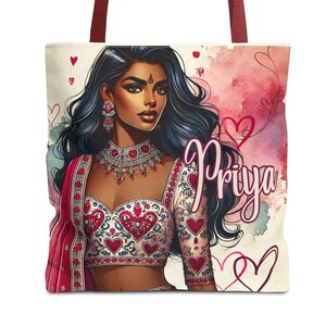 Customize text Desi Indian South Asian valentines valentine tote bag lengha sari saree Bollywood lover gift gifts bridal gift hearts pink
