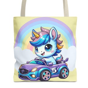 Custom birthday number pastel tote bag for child kid her him Unicorn rainbow fast race car lover gift gifts totes bags Birthday party favor