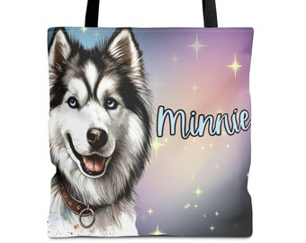 Customize name & text on back Husky Siberian Husky lovers dog mama pets lover gifts gift tote bag errands book library grocery tote for her