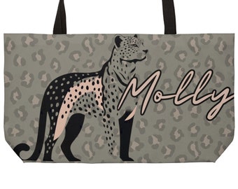 Pas aan! Luipaardprint, neutrale kleur, chique, moderne draagtas voor vrouw, vriendin, strand, reizen, boodschappen, esthetische draagtas, luipaardprint