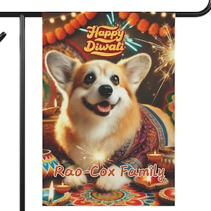 Custom Garden & House Banner Corgi Dog  animal lover Festival of lights Diwali Fall banner Desi home decor Indian South Asian yard sign cute