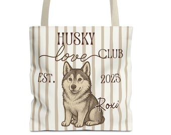 Custom name dog Husky lovers tote bag, beige neutral aesthetic totes bags, dog mama lover gift gifts, Siberian Husky gift furbaby gifts