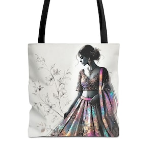Custom text Bollywood tote bag, abstract chic Iridescent Desi novelty gift, South Asian Indian iridescent themed, bridal bride totes bags