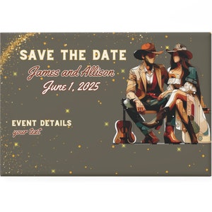 Entièrement personnalisable ! Aimants « Save the Date » sur le thème western, cow-girl, cowboy, western, bottes et chapeau, décor magnétique ranch country
