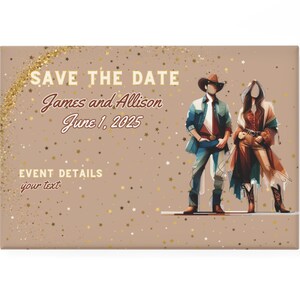 Entièrement personnalisable ! Aimants « Save the Date » sur le thème western, cow-girl, cowboy, western, bottes et chapeau, décor magnétique ranch country