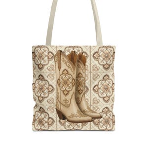 Custom Text Beige Neutral Cowgirl Tote Bag, Boots Hats Western Lover Totes and Bags, Chic Luxury Style Gifts image 1