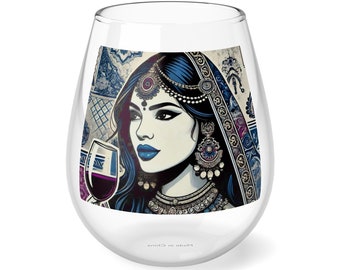 Desi, South Asian, Indian, Stemless Wine Glass, 11.75oz, gift for hostess, wine lover, mocktail lover, merlot, cabernet, Holi Diwali gifts
