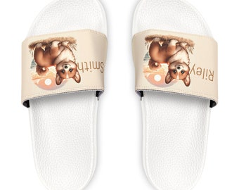 Customize! Youth slip on, slide on sandals, kids birthday, swimming, summer, beach sandal, water proof sandal slides for kids, Corgi dog