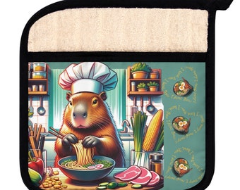 Manique Capybara | Amateur de ramen | chef capybara | déco de cuisine colorée | manique de cuisine | cadeau pour femme, maman, papa, amoureux des rongeurs