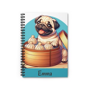 ¡Personalizado! Cuaderno espiral, cachorro de pug, perro pug, regalo para niños, amante de los perros, dumplings, amante de los dim sum, escritura, diario, cuaderno de bocetos