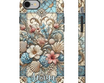 Customize text tough case stained glass pastel neutral beige aesthetic seashells sea shells coastal vibes floral iPhone cover protector case