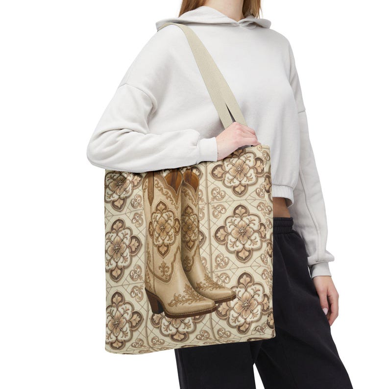 Custom Text Beige Neutral Cowgirl Tote Bag, Boots Hats Western Lover Totes and Bags, Chic Luxury Style Gifts image 5