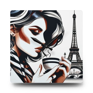 Horloge murale en acrylique, Paris, Tour Eiffel, France, français, amateur de café, Jeux d&#39;été à Paris, 2024, cadeau pour amie, maman, fête des mères