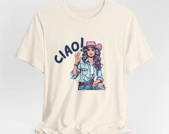 Personifiera Cowgirl, Western, Ciao, Hello Italy Denim-t-shirts, t-shirts, t-shirts, present till bästa väninna, möhippa, ciao-resetröja, bella