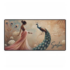 May include: A woman in a pink and white dress stands with a peacock with a blue and green tail. The peacock's tail feathers are spread out behind it. The background is a soft brown with a floral design. The text "Sasha" is written in the bottom right corner of the image.