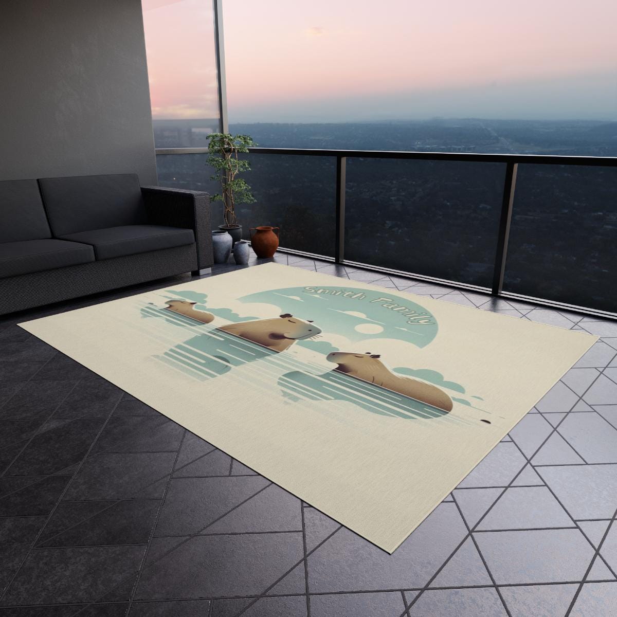 Capybara Rug Rectangle Customize Outdoor Rug Cute Capybara Design, Water, Capybaras, Water ...