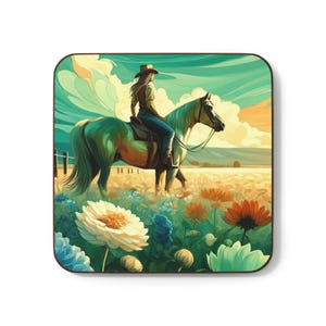 Customize! Hardback coaster, coffee tea, aesthetic desk setup, cowgirl western boots hats lover neutral vibes floral lover home decor