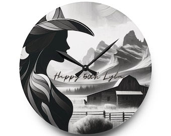 Customization offered! Acrylic Wall Clock, western, gift, black white design, cowgirl gifts, boots hats, 50th, 40th, milestone year