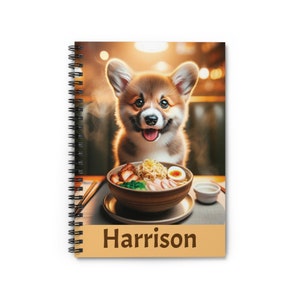 Cuaderno espiral, corgi, ramen, cachorro, regalo para niños, amante de los perros, amante del ramen, escritura, diario, cuaderno de bocetos, agenda