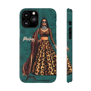 May include: A teal phone case with a floral pattern and a woman wearing a leopard print skirt and a red and gold shawl. The woman is wearing sunglasses and has the name "Pinky" written on the case.