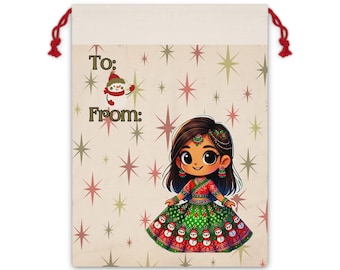 Bolsa de regalo personalizada de Desi Indian South Asian, bolsa para personalizar el regalo de los niños, regalos de Navidad, vacaciones, Diwali, juguetes navideños, describa a su hijo