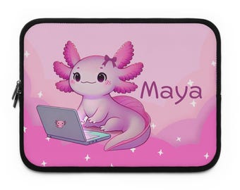 Custom text laptop sleeve cover case, personalized kids children's tech case for school, cute pink axolotl axolotls bow lover gifts gifts