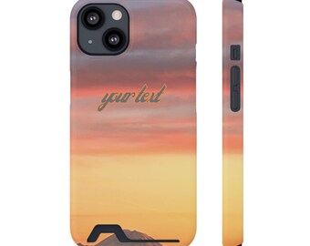 May include: A phone case with a sunset sky background and the text "your text" in a light orange color.