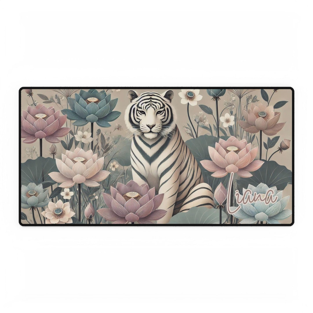Computer Mat Tiger Desk Mats, Pastels Neutral Tiger Lotus Design, Simple Elegant Desk Mat ...