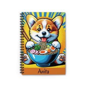 Cuaderno espiral, corgi, ramen, cachorro, regalo para niños, amante de los perros, amante del ramen, escritura, diario, cuaderno de bocetos, agenda