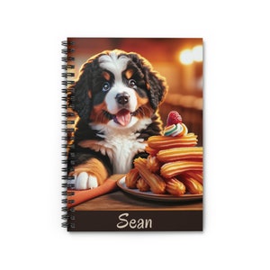 ¡Personalizado! Cuaderno espiral, cachorro bernés, churros, cachorro, regalo para niños, amante de los perros, amante de la comida mexicana, diario, cuaderno de dibujo, postre