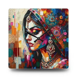 May include: A colorful abstract painting of a woman wearing a colorful headscarf and jewelry. The painting is in a square format and has a clock face superimposed on it.
