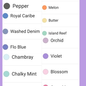 Puede incluir: Un gr&aacute;fico que muestra 16 colores diferentes con sus nombres. Los colores est&aacute;n dispuestos en dos columnas. Los colores incluyen blanco, pimienta, caribe real, denim lavado, azul flo, chambray, menta calc&aacute;rea, azul topacio, negro, salm&oacute;n brillante, terracota, mel&oacute;n, mantequilla, arrecife de isla, orqu&iacute;dea, violeta, flor, ar&aacute;ndano, heliconia y sand&iacute;a.