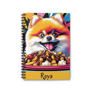 ¡Personalización! Cuaderno de espiral, cachorro de Pomerania, regalo para niños, amante de los perros, poutine, amante, escritura, diario, cuaderno de bocetos, comida canadiense