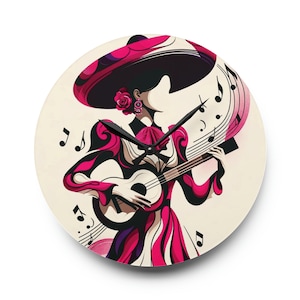 May include: A pink and black clock with a woman wearing a sombrero playing a guitar. The background is cream with musical notes.