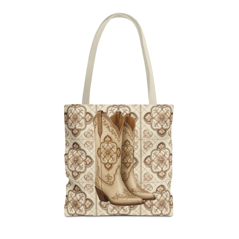 Custom Text Beige Neutral Cowgirl Tote Bag, Boots Hats Western Lover Totes and Bags, Chic Luxury Style Gifts image 1