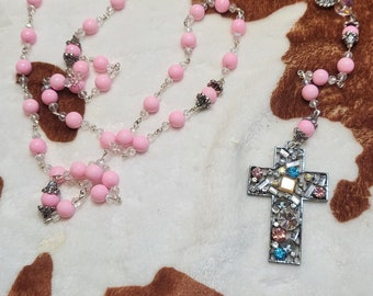 Handmade 5 decade Rosary- 8mm Pink Glass beads w/clear spacers. 30.5" length
