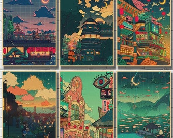 Comics Poster Night Moon Prints Cartoon Japan View Street Kraft Paper Poster Bar Cafe Living Room Dining Room Wall Decorative Paintings