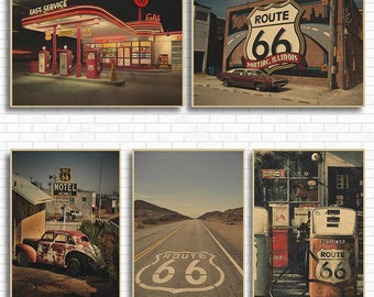 Gas Station on Route Kraft Paper Poster Bar Cafe Living Room Dining Room Wall Decorative Paintings
