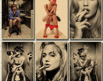 Fashion Toilet Girl Kraft Paper Poster Bar Cafe Living Room Dining Room Wall Decorative Paintings