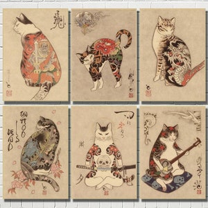 Tatuaje de gato samurái japonés, póster de papel Kraft, Bar, cafetería, sala de estar, comedor, pinturas decorativas de pared