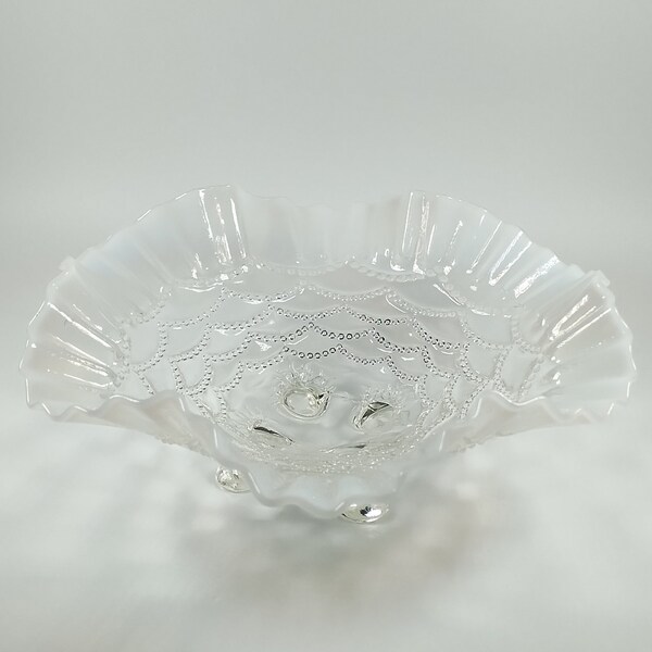 Antique Victorian Opalescent Glass Footed Candy Dish Bowl in Beaded Drapes Pattern | Jefferson Glass Co. | 1906