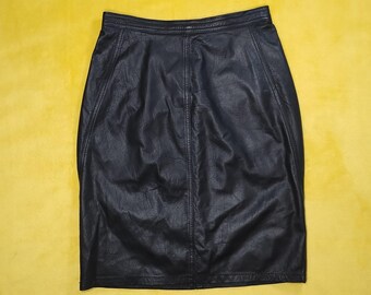 vintage 80s black genuine leather pencil mini skirt sz 9 10 rocker biker classic