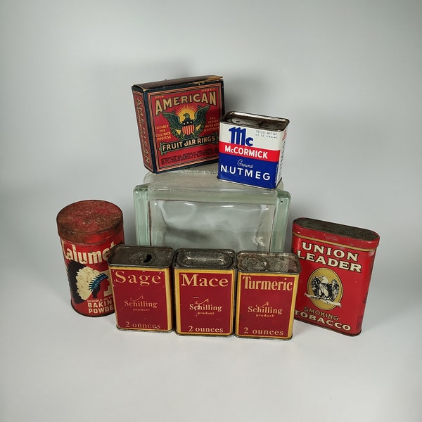 Vintage 1920s to 1950s Tins | American Fruit Jar Lids, Calumet Baking Powder, Union Leader Tobacco, McCormick and Schilling Spices