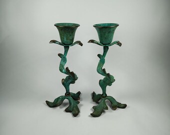 Set of 2 Vintage Patinated Brass Candlestick Holders with Botanical Design and