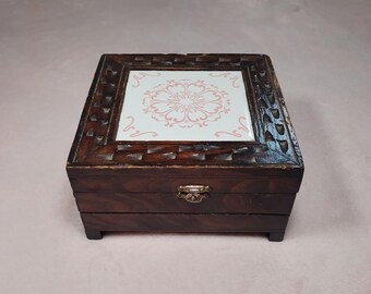 vintage hand carved hinged wooden box floral tile inlay mcm boho decor storage