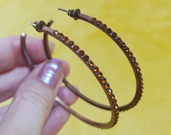 vintage y2k copper tone topaz rhinestone hoop earrings 2.25" fairycore 2000s