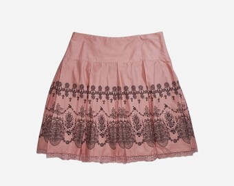 vintage y2k lace trim pink knee length skirt sz 24 romantic feminine coquette
