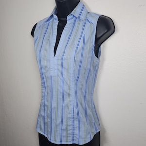 Vintage Y2K Express Collared Blue Striped Sleeveless Top Office Siren Corpcore Preppy 2000s Stripe White Green Corporate Tank V Neck